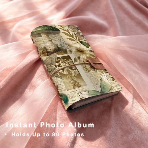 Álbum de recortes de fotos de fieltro de 6 agujeros, bolsillos transparentes desmontables, álbum de viaje práctico para viajes y de arreglo de fotos de pareja con hongo, , planta, papel vintage en