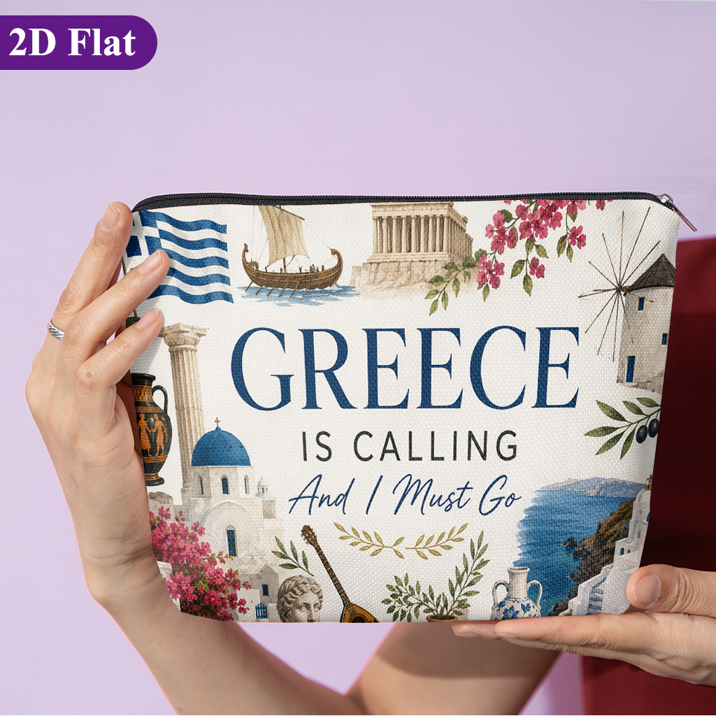 TEMU Cosmetic Bag 1pc, Greek Scenic Elements, Stylish Travel Toiletry Bag, Featuring Fun Double-sided Printed Patterns, Zipper Closure, And Design.