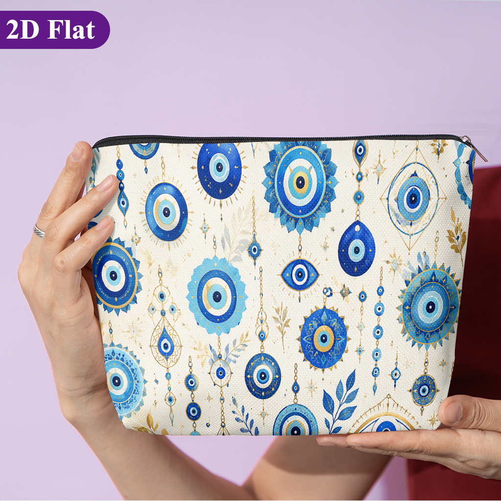 TEMU Cosmetic Bag 1pc, Blue Evil Eye Charms, Stylish Travel Toiletry Bag, Featuring Fun Double-sided Printed Patterns, Zipper Closure, And Design.