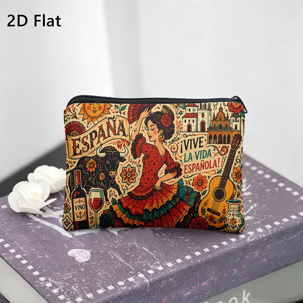 TEMU 1 , culturales españoles, una bolsa portátil con cremallera y impresión . para guardar monedas, llaves, tarjetas y auriculares. Un bolso