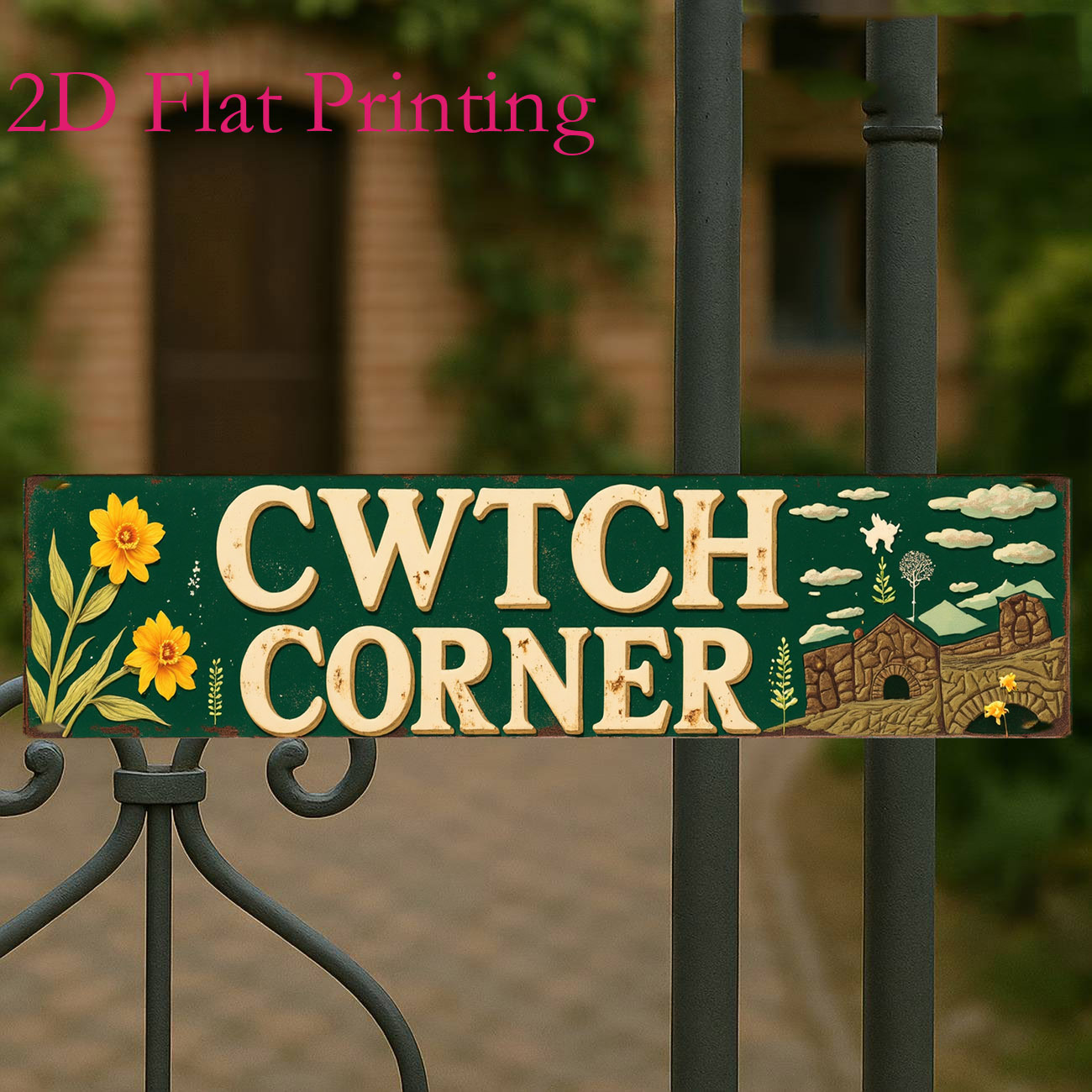TEMU 2d Flat, 2d Flat - 4x16 Inch Vintage Metal Aluminium Sign, Cwtch Corner Welsh Cozy Quote Sign Rustic Garden Wall Art Decor For Patio Balcony