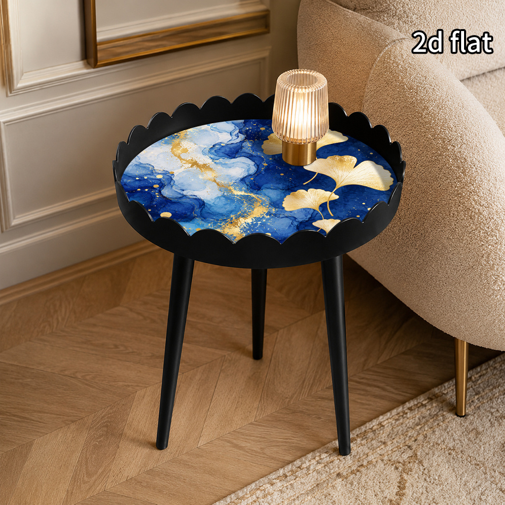 moderner beistelltisch runder platte blau goldenem