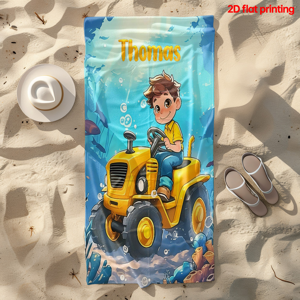TEMU 2d Flat 1pc Boy Driving Tractor Custom Name Beach Towel - Soft, Ultra-absorbent Microfiber, Lightweight, Beach, Parties, Travel, Camping -