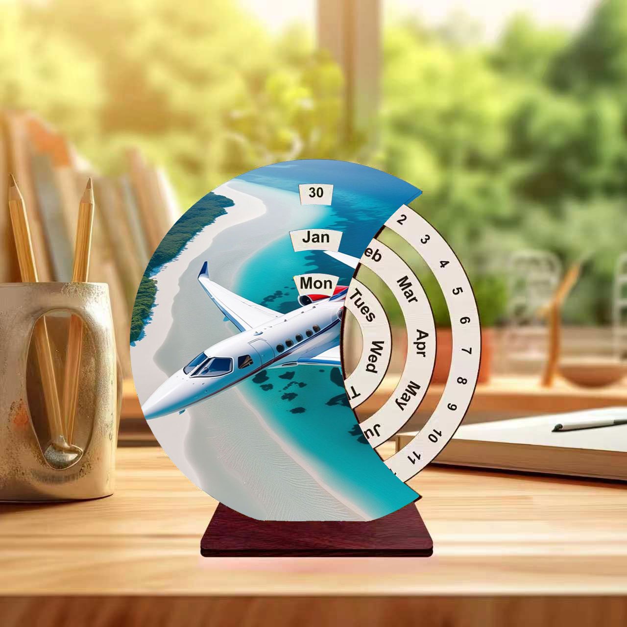 TEMU 1pc Wood Manual Rotating Desk Calendar With Aerial Island Photography & Vacation Journey Themed Monthly Calendar Stand - Rotating Base Suitable