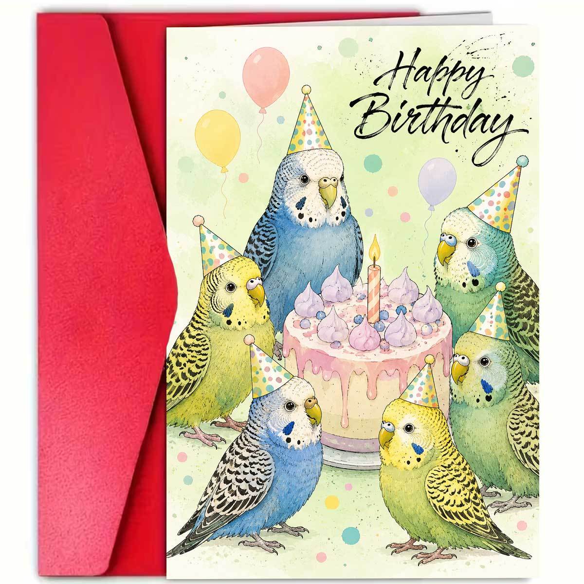 TEMU 1 Set (an Envelope And A Card) - Adorable Colorful Budgerigar Birthday Card Featuring "happy Birthday" With Multiple Budgerigars Wearing Party