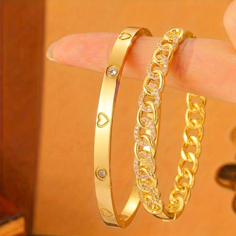2pcs Unisex Thick Chain Link Buckle Bracelet Set, Stainless Steel & Copper