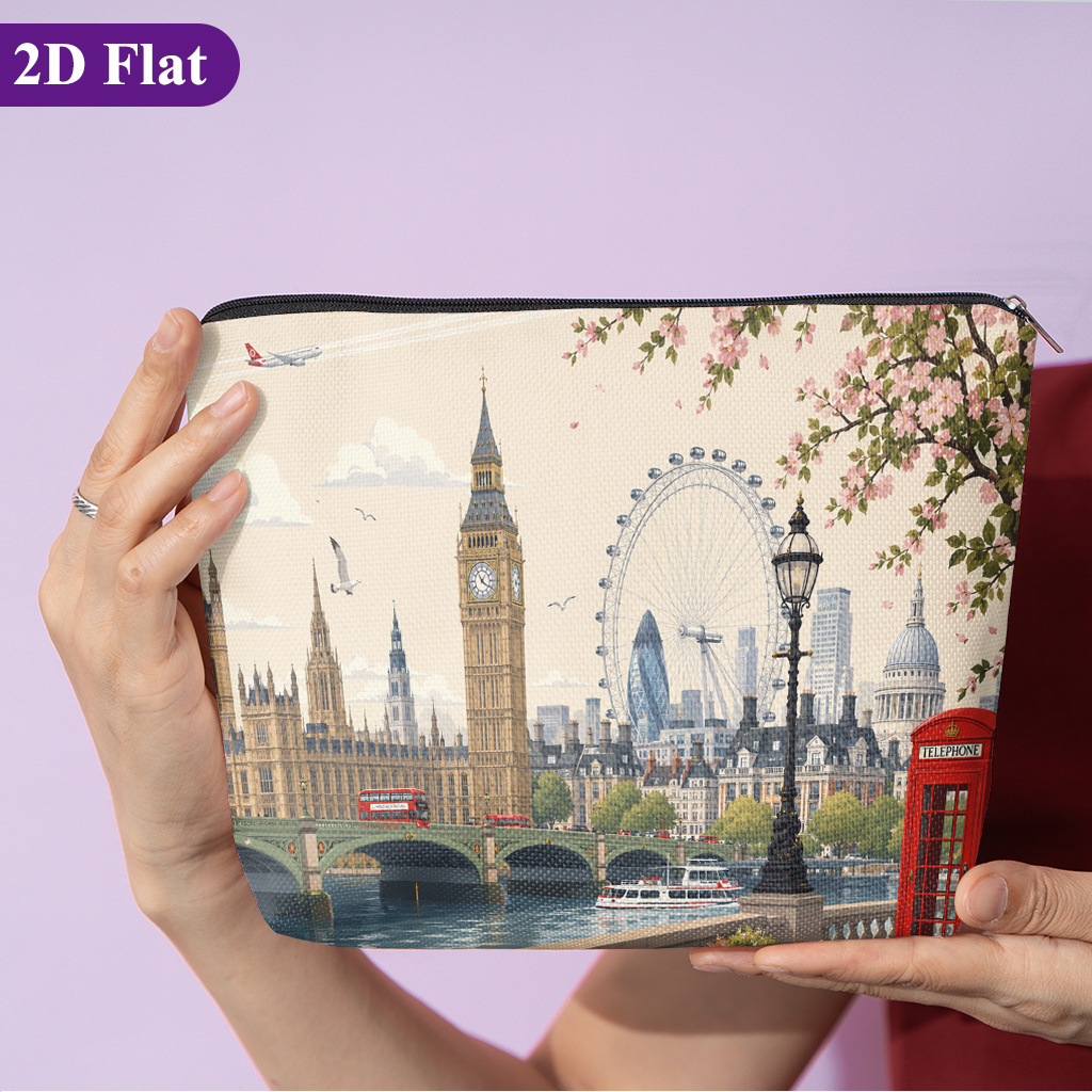 TEMU Cosmetic Bag 1pc, London Landmarks , Stylish Travel Toiletry Bag, Featuring Fun Double-sided Printed Patterns, Zipper Closure, And Design.