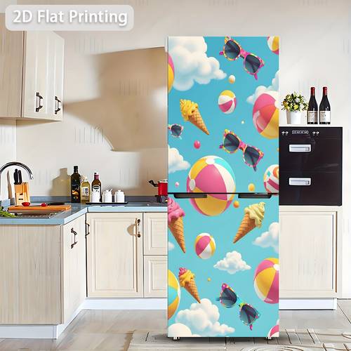 1 2d-geprinte koelkaststicker, 60x180cm, zomerse strandbal, modieuze bril, ijsjes muursticker, zelfklevend behang, geschikt voor kasten en garderobekasten, moderne keukendecoratie huissticker
