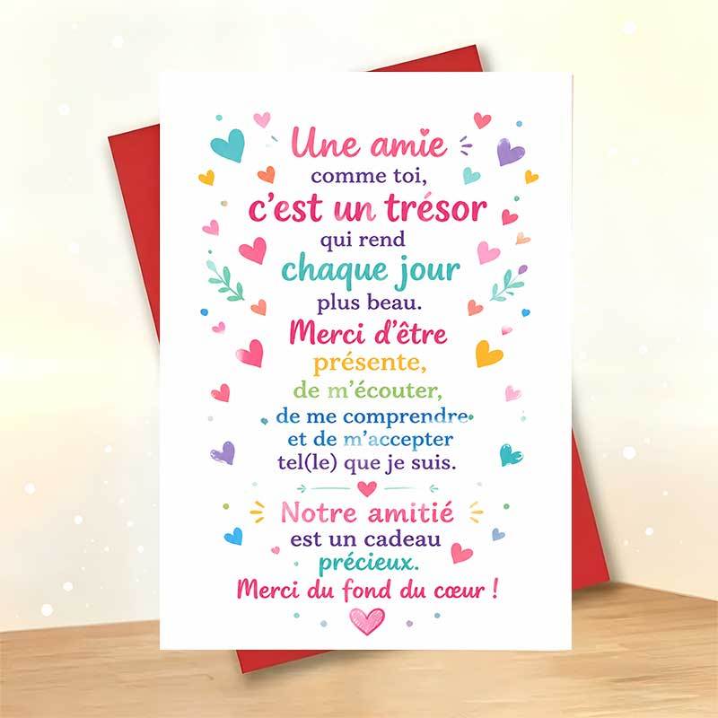 TEMU 1 Carte de vœux et 1 Enveloppe Adorable carte de vœux d', Motif de cœurs colorés avec texte en français sur les vrais amis, pour meilleure ,