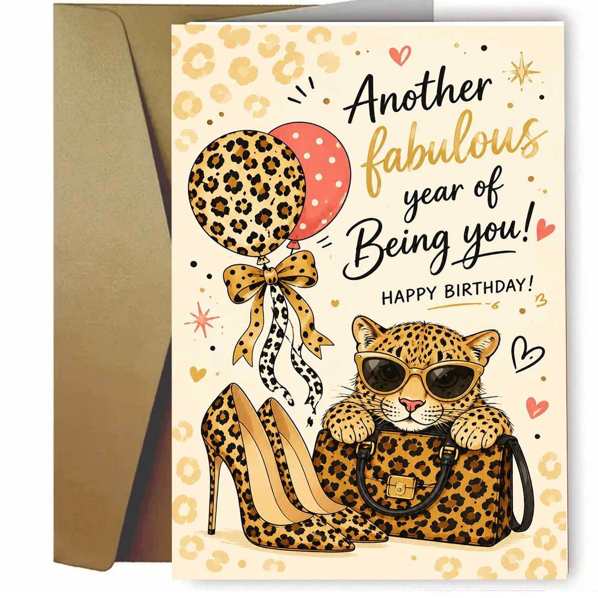 TEMU 1 Ensemble (1 enveloppe et 1 carte) carte d'anniversaire à motif léopard, incluant la bénédiction anglaise "Encore un année d'être toi ! JOYEUX