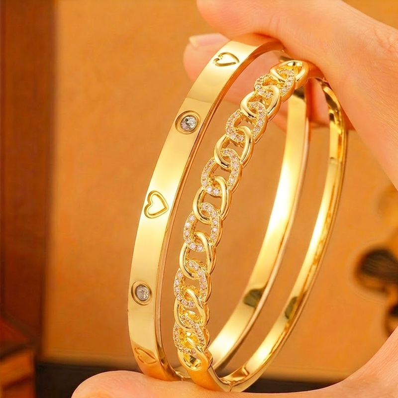 2pcs Unisex Thick Chain Link Buckle Bracelet Set, Stainless Steel & Copper