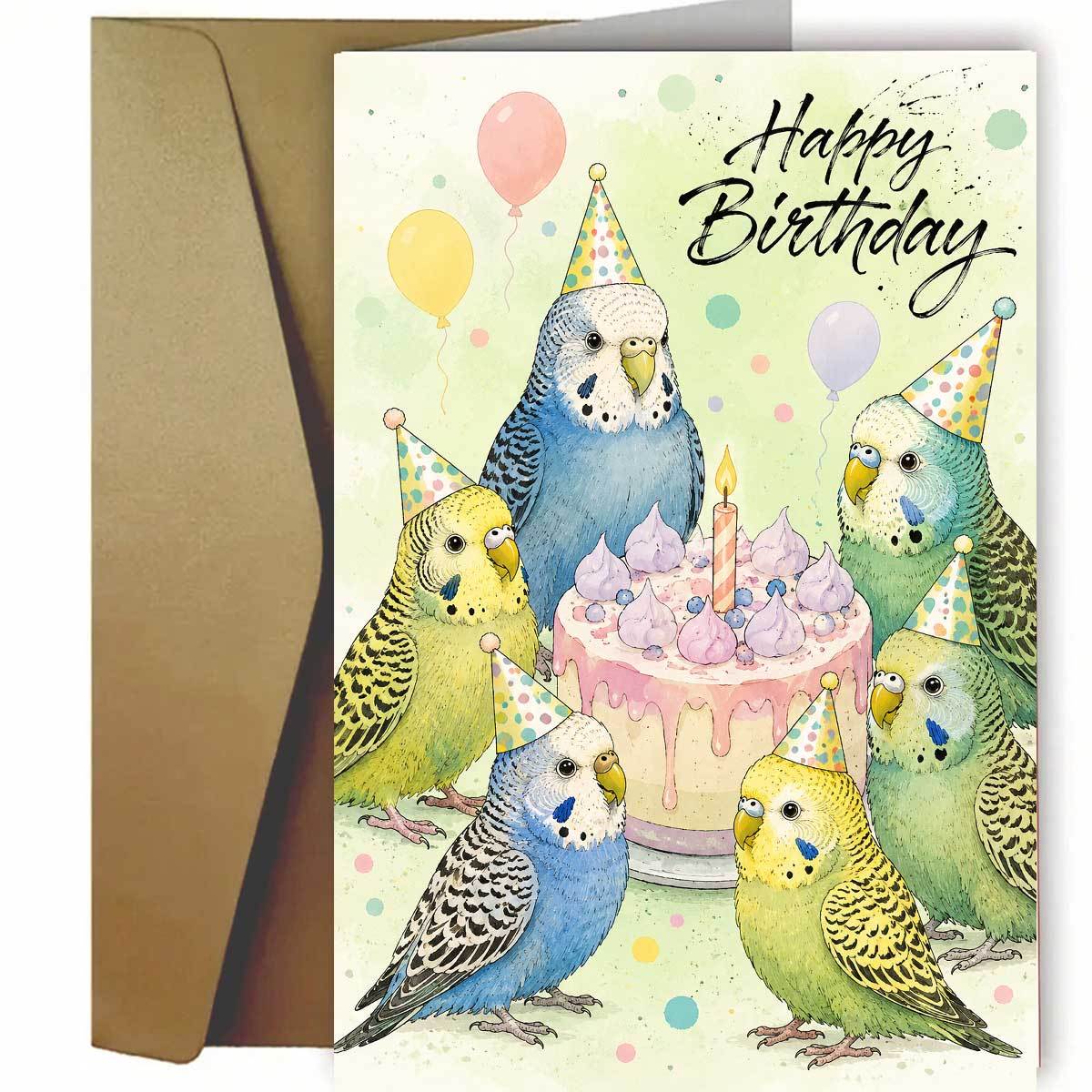 TEMU 1 Set (an Envelope And A Card) - Adorable Colorful Budgerigar Birthday Card Featuring "happy Birthday" With Multiple Budgerigars Wearing Party