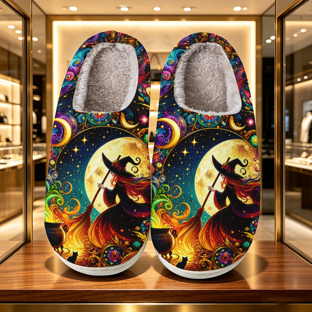 TEMU [printed Design - Not Textured] Gorgeous Fantasy Painted Style Flying Broom Cauldron Black Cat Starry Floral All-match Slippers, Unisex