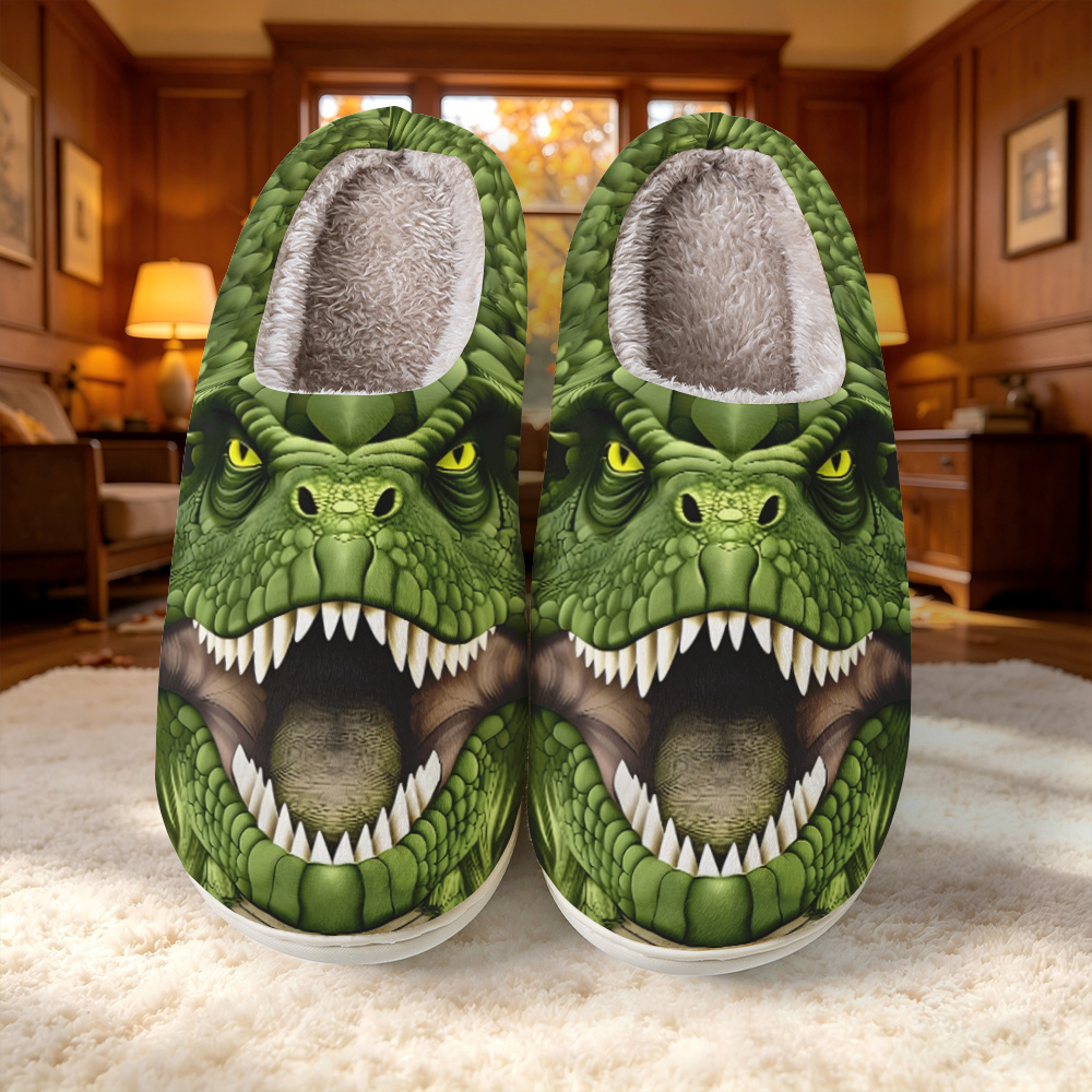 TEMU [printed Design-not Textured]-unisex House Slippers, Green Crocodile Print With Sharp Fangs & Yellow Eyes, Elegant Minimalist Skin-friendly