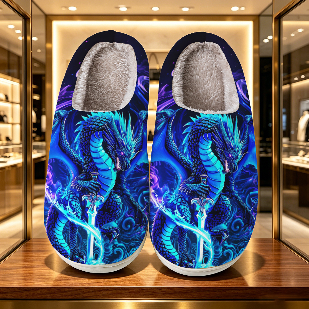 TEMU Men' & Women' Winged Dragon Slippers With Sword & Nebula Flame Print - Indoor/outdoor Suitable For Home, Casual Wear, Themed Events - Tpr Sole &