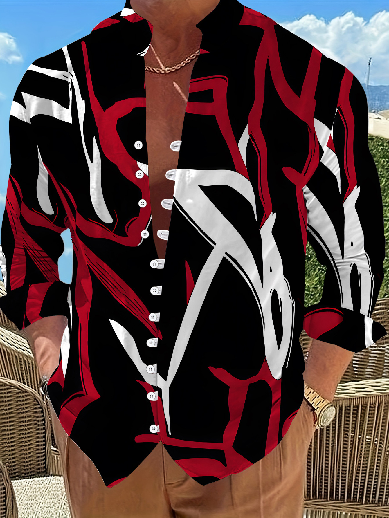 Plus Size Men'S Stand Collar Long Sleeve Shirt Abstract Style Pattern Casual Multi-Button Long Sleeve Shirt Larger Size Line Elements Print V-Neck Long Sleeve Shirt Black Red White Color-Block Loose Men'S Casual Shirt Long Sleeve