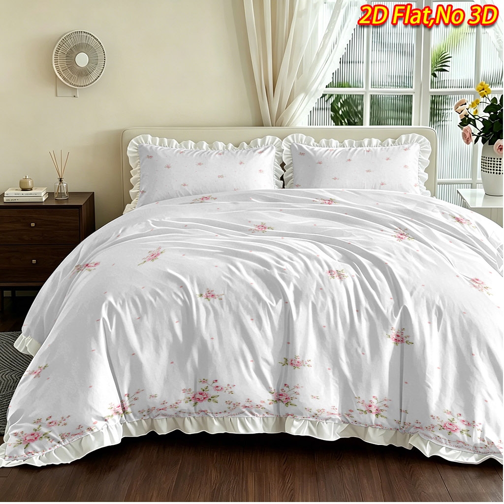 TEMU 2/3pcs 2d Flat Printing Pink Floral Ruffle Design Duvet Cover Set, Multiple Sizes , Skin-friendly Soft Machine Washable, Suitable For Bedroom, ,