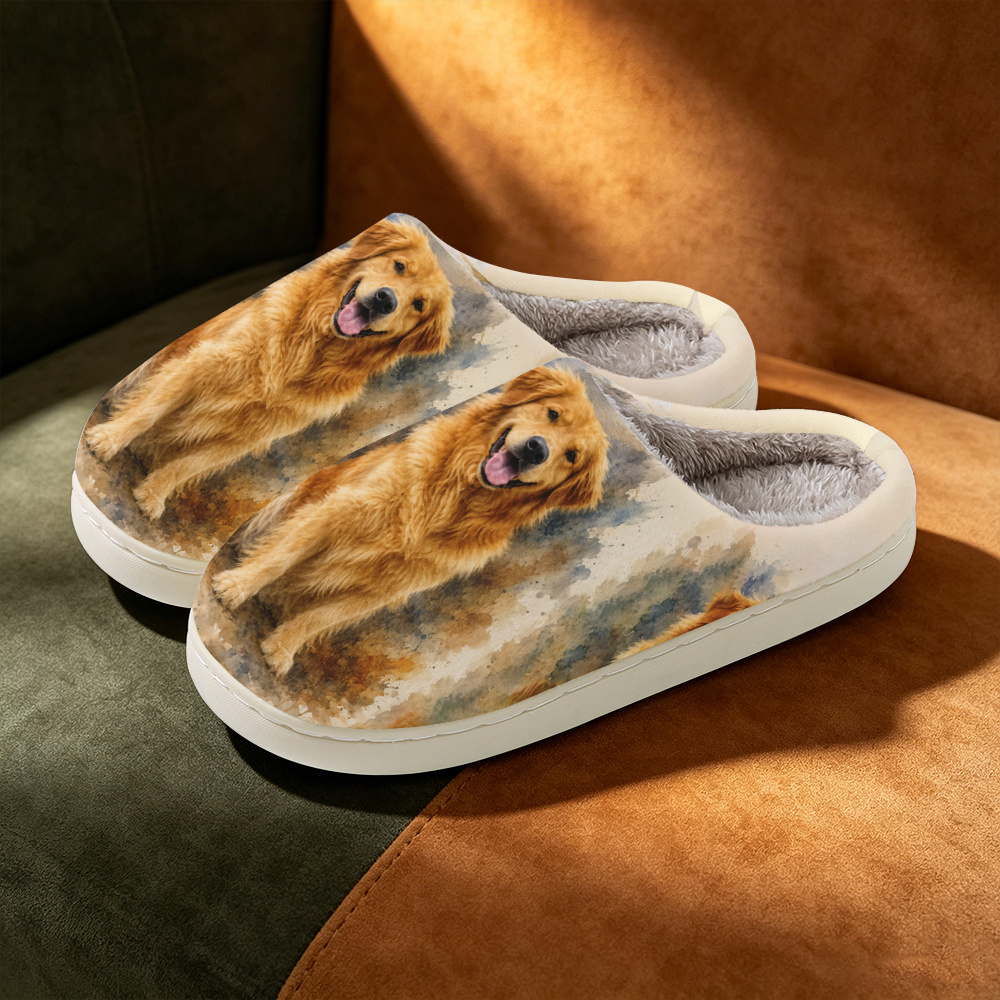 TEMU Women's Fashion Printed Home Slippers With Watercolor Golden Retriever Pattern, Elegant And Simple, For Men And Women Couples, Essential For