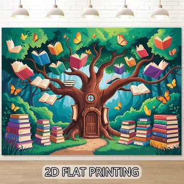 Plano 2D, Pancarta Plana 2D, 1 pieza, Escena Caprichosa de Biblioteca en el Bosque con Libros Flotantes, Mariposas Revoloteando y una Puerta Acogedora de Casa del Árbol, Telón de Fondo, Duradero y no Necesita Electricidad, Ideal para la Hora de Cuentos Infantiles y el Rincón de Lectura del Aula