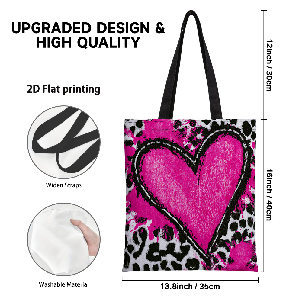 TEMU 1pc 2d Flat Printing Heart Leopard Pattern Shopping Bag, Ideal For Travel, Storing Cosmetics, Holiday Items, Home Decor, Gifts, Events