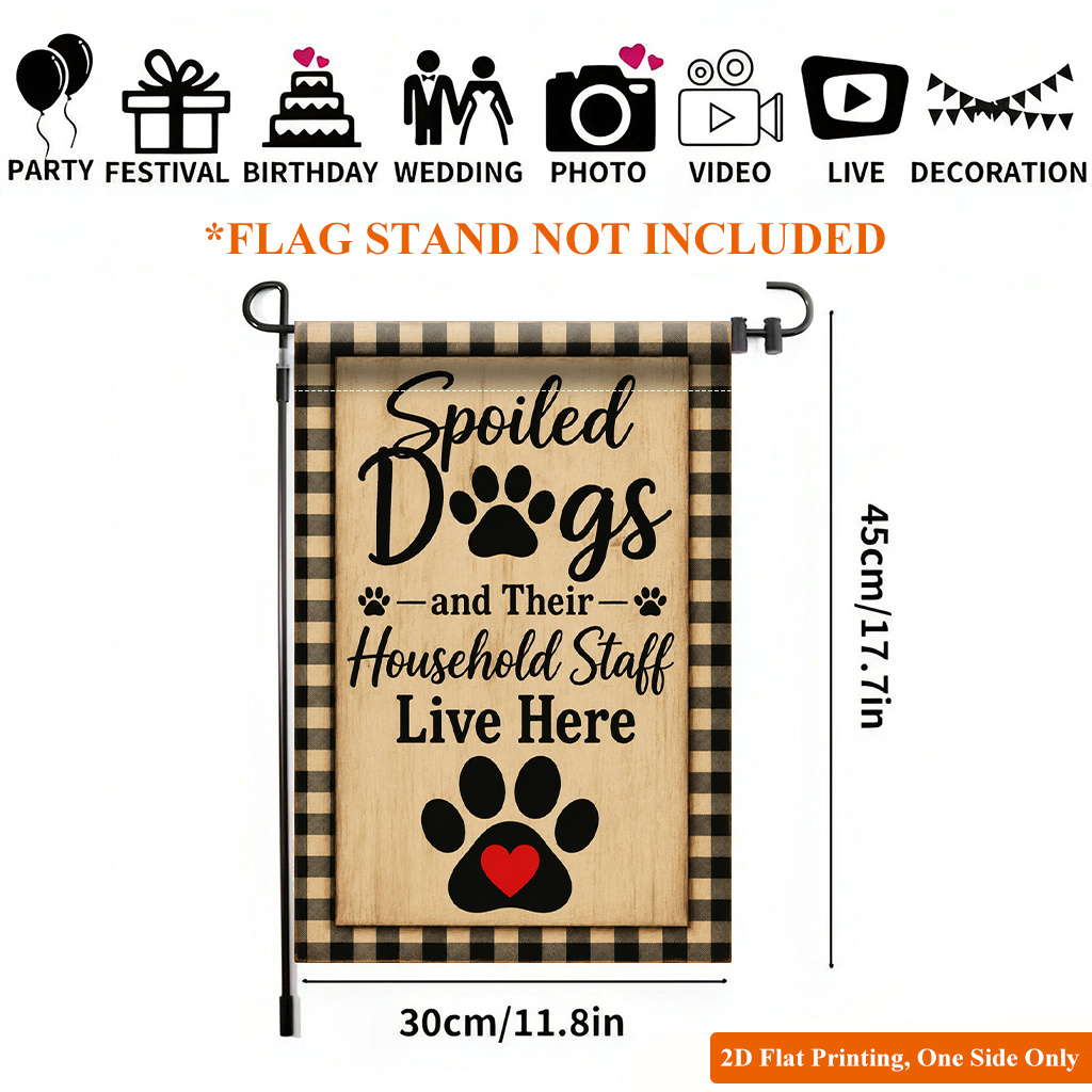 TEMU 2d Flat, 2d Flat Printing Garden Flag 1pc, Dogs And Staff Live Here Durable Single-sided Print Yard Flag, Garden & Home Holiday Decoration,