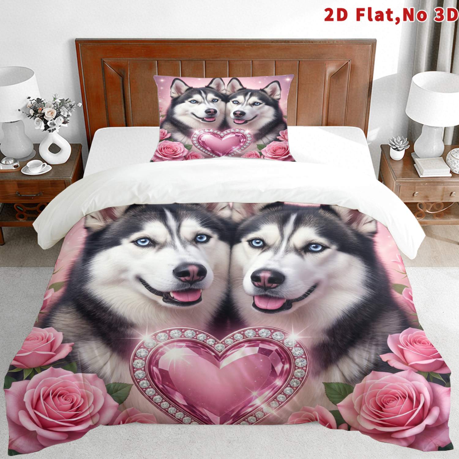 TEMU 2d Flat 2/3pcs Husky Pattern Duvet Cover Set Queen King Full Sizes Bedding Husky Pattern 1 Duvet Cover   1/2 Pillowcases Machine Washable