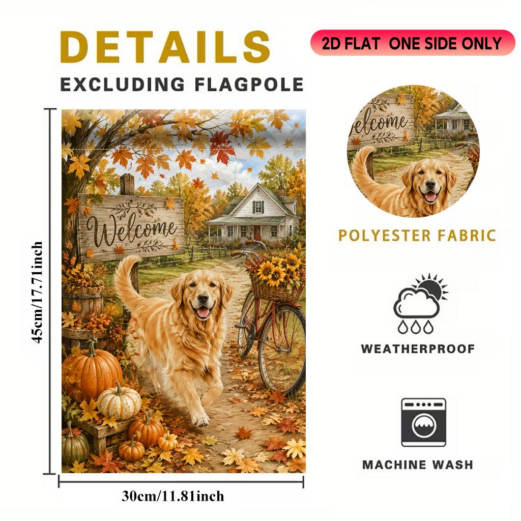 TEMU 2d Flat - 2d Flat Garden Flag 1pc, Autumn Cottage Golden Retriever , Made Of Durable Polyester, Suitable For Gardens, Patios, Indoors And