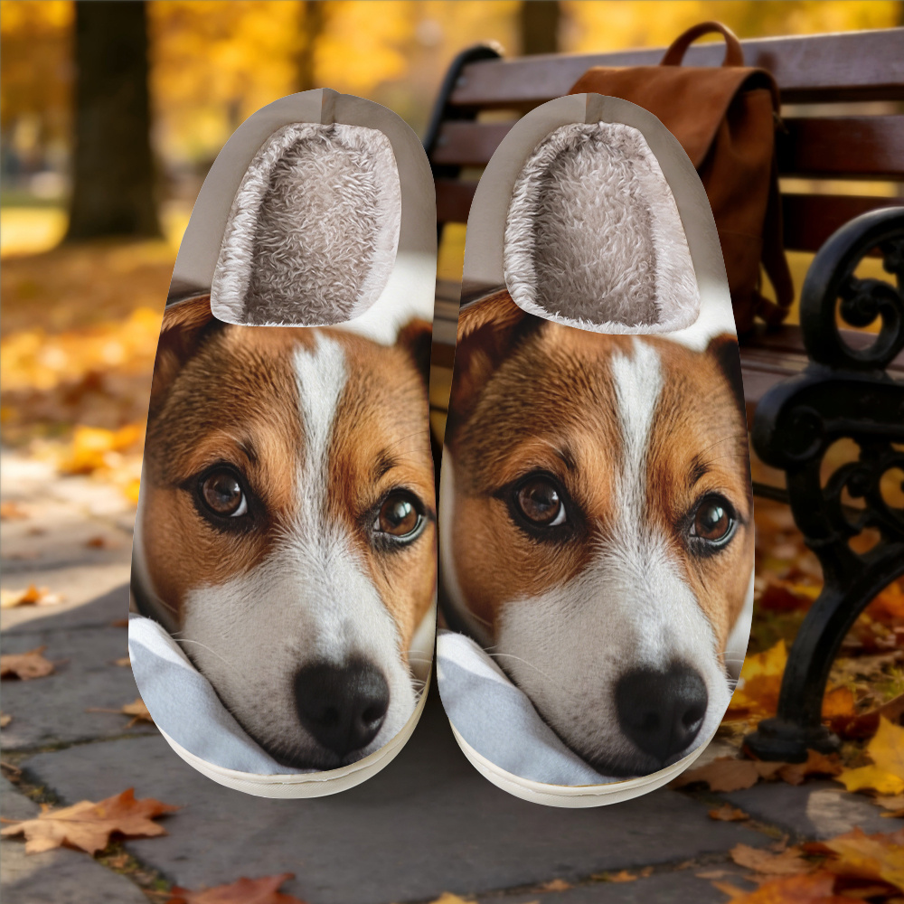 TEMU [printed Design - Not Textured] - Women's Fashion Home Slippers With A Warm And Cute - Of A Brown And White Terrier Puppy On A Fabric . Elegant,