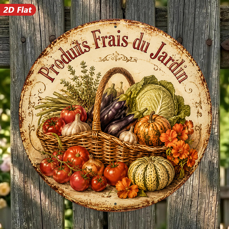TEMU Panneau mural rond en métal 2D plat, 1 pièce, motif fruits et légumes, style rustique, français "Fruits Du Jardin", décoration d'intérieur, pour