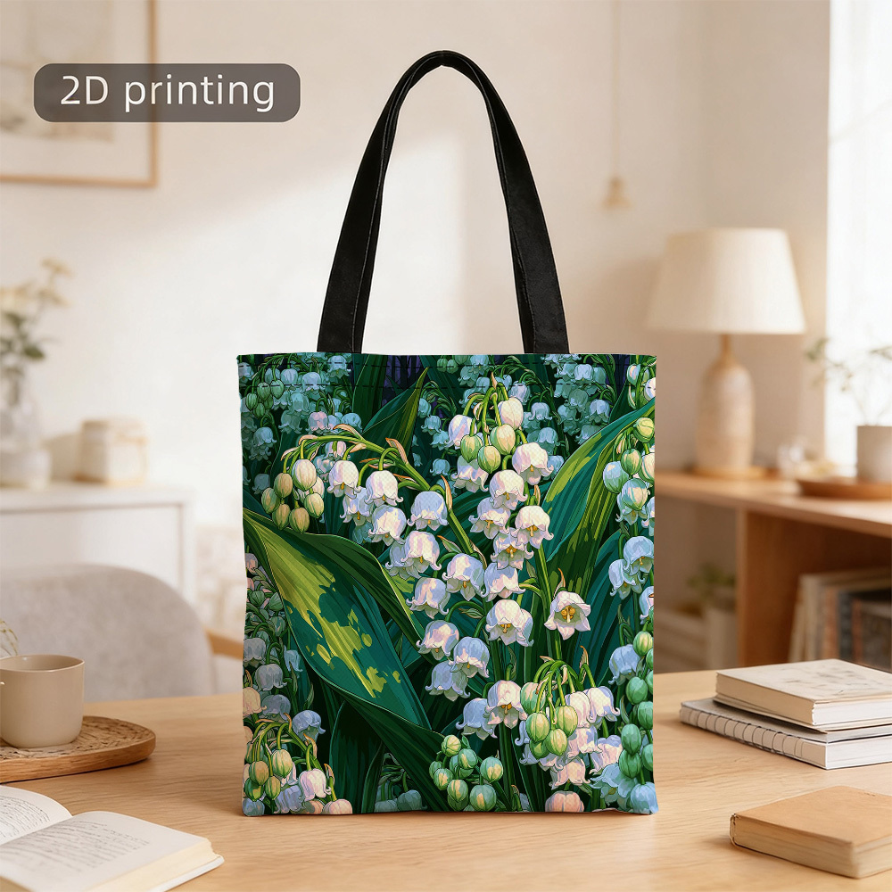 TEMU 1pc Women's & Men's Foldable Tote Bag Suitable For - Lightweight Handbag With Lily Of The Valley Print, Rectangular Grocery Bag For Beach, Gym,