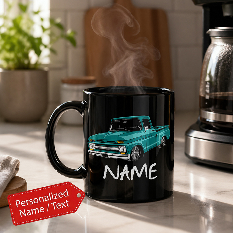 TEMU Personalized Vintage Truck-themed 11oz Black Coffee Mug, Featuring Classic Vehicles, Chrome Details, Retro , Warm Emotional Meaning, Visual