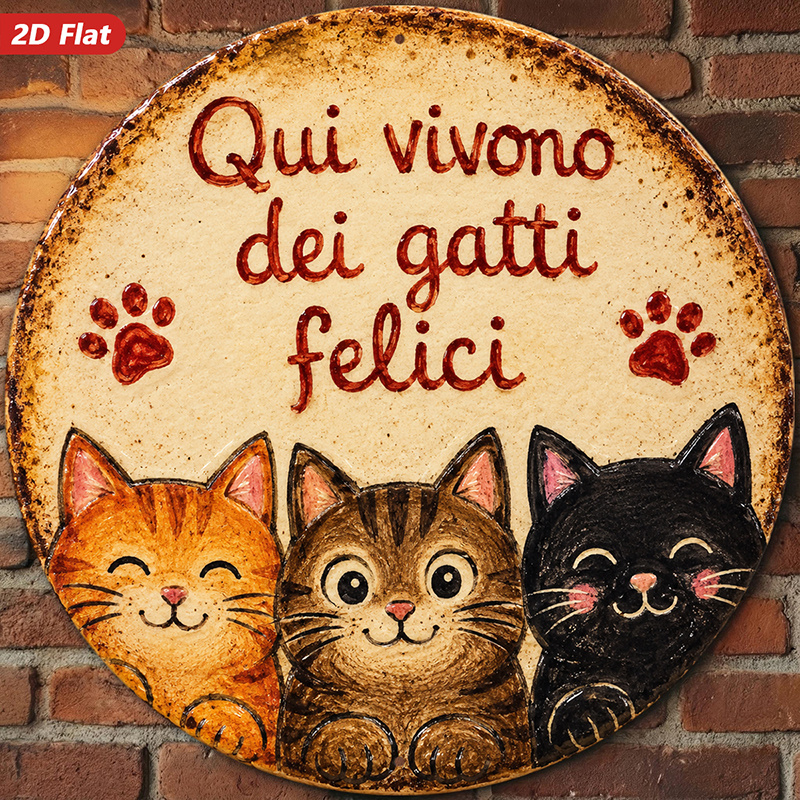 TEMU 2d Flat, 1pc Round Metal Sign Wall Art, Cute Cat Trio Home Decor, Italian Text "qui Vivono Dei ", , Cartoon Style, Ideal For Living Room,