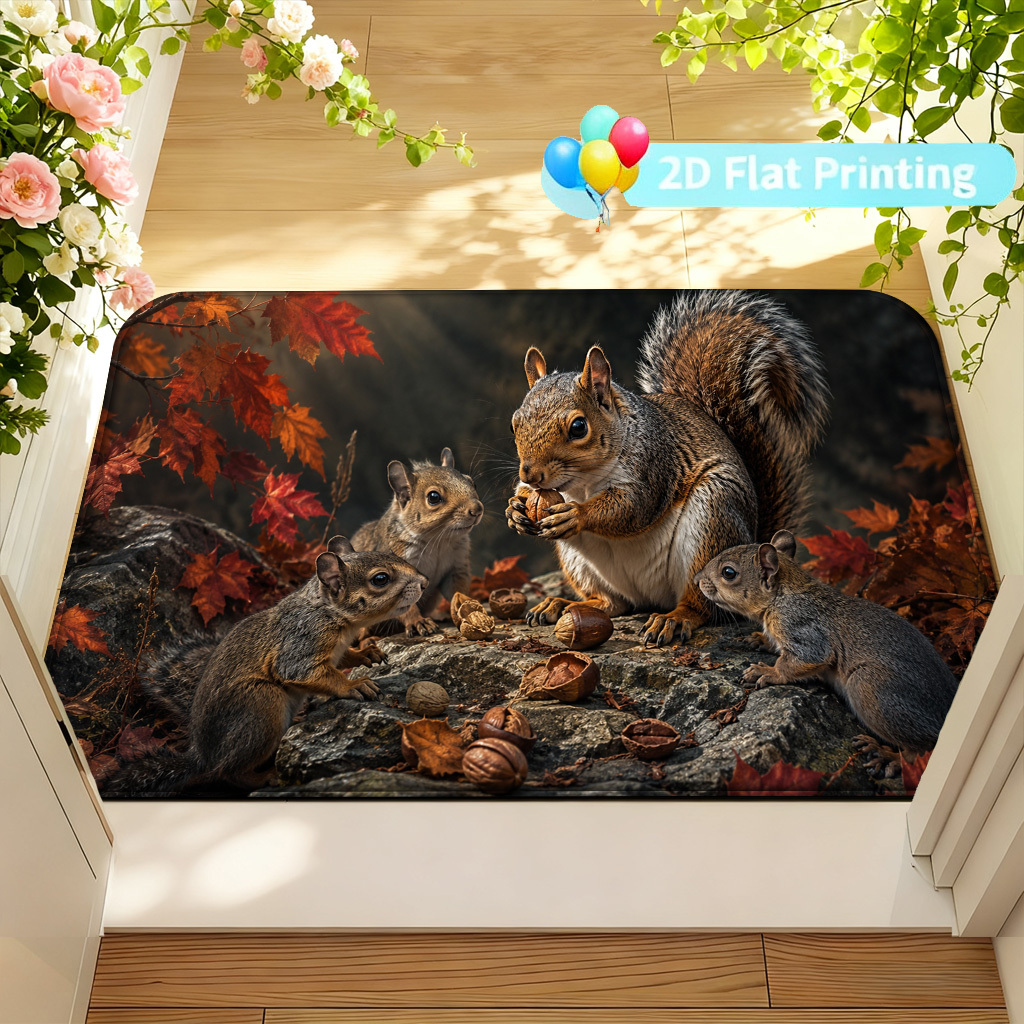 immagine dell'articolo zerbino con stampa piatta 2d, stampa con motivo     di scoiattoli autunnali, tappeto di   in   flanella, antiscivolo, lavabile in lavatrice, pieghevole,   per bagno, cucina, soggiorno, camera da letto e  , decorazione stagionale, piatto 2d