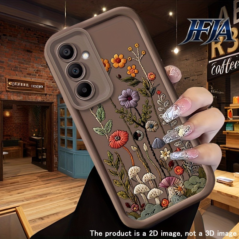 TEMU Phone Case - 2d Flat Romantic Gentle Style Fresh Literary Colorful Floral Embroidery Pattern Tiered Anti-drop Phone Case Suitable For Galaxy S25
