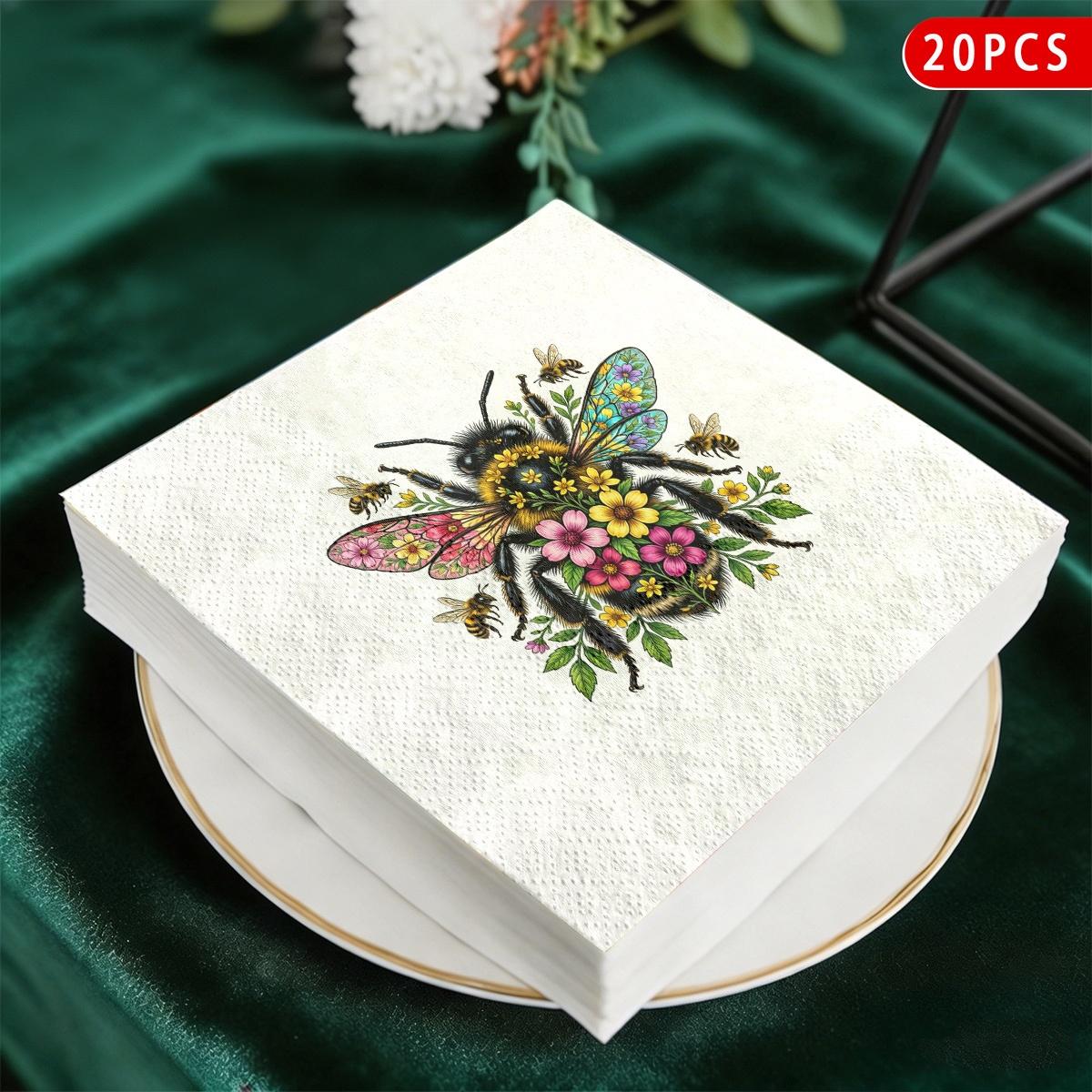 TEMU 20pcs Pack Floral Bee Napkins Suitable For Weddings, Baby Showers, Birthday Parties - Elegant Bee & Honeycomb Table Decor, Layered Tissue Sheets