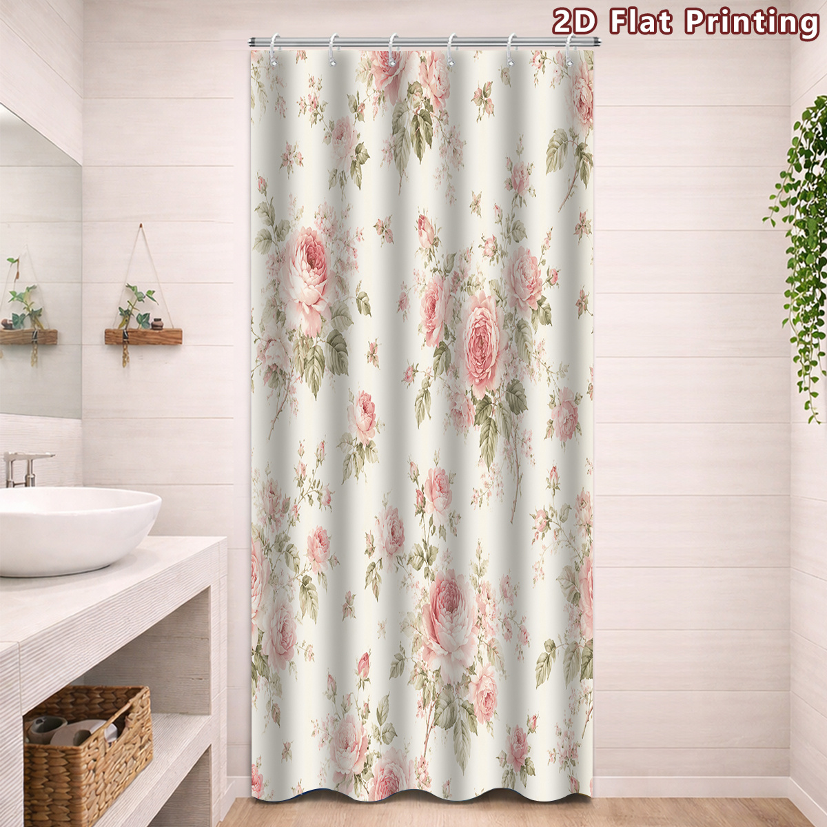 TEMU 2d Flat, 1pc 2d Flat Vintage Shower Curtain, Cream Pink Rose Floral Pattern Bathroom Decor, Options (80x180cm, 120x180cm, 150x180cm, 180x180cm,