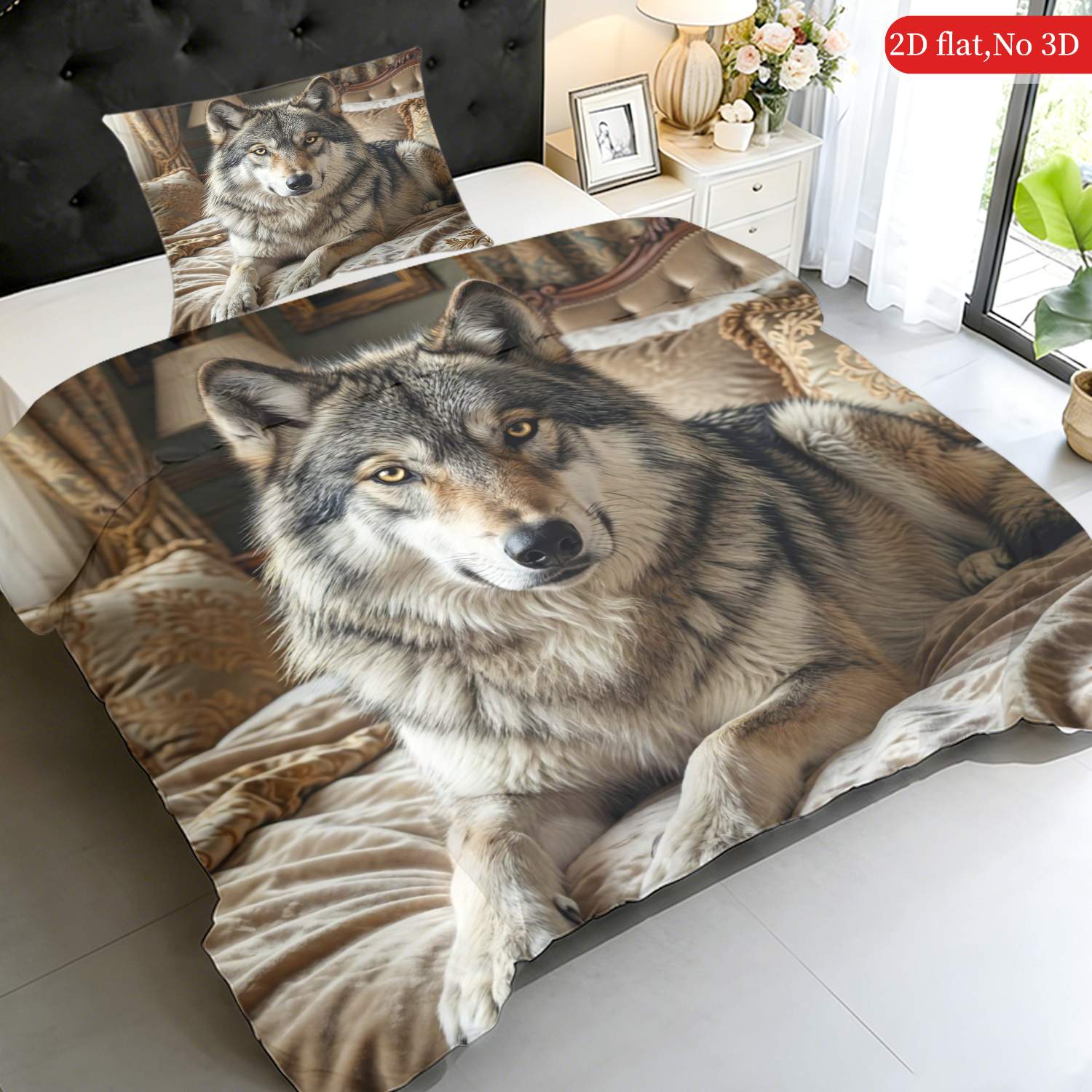 TEMU Latacaca 2d Flat 2/3pcs Wolf Pattern Duvet Cover Set Queen King Full Sizes Bedding Wolf 1 Duvet Cover   1/2 Pillowcases Wolf Design Machine