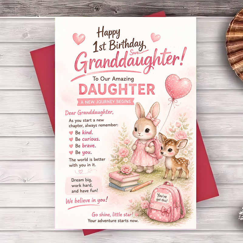 TEMU 1 Envelope And 1 Funny Greeting Card Happy 1st Birthday Granddaughter Card Sweet And Deer Design For Family Birthday Celebration