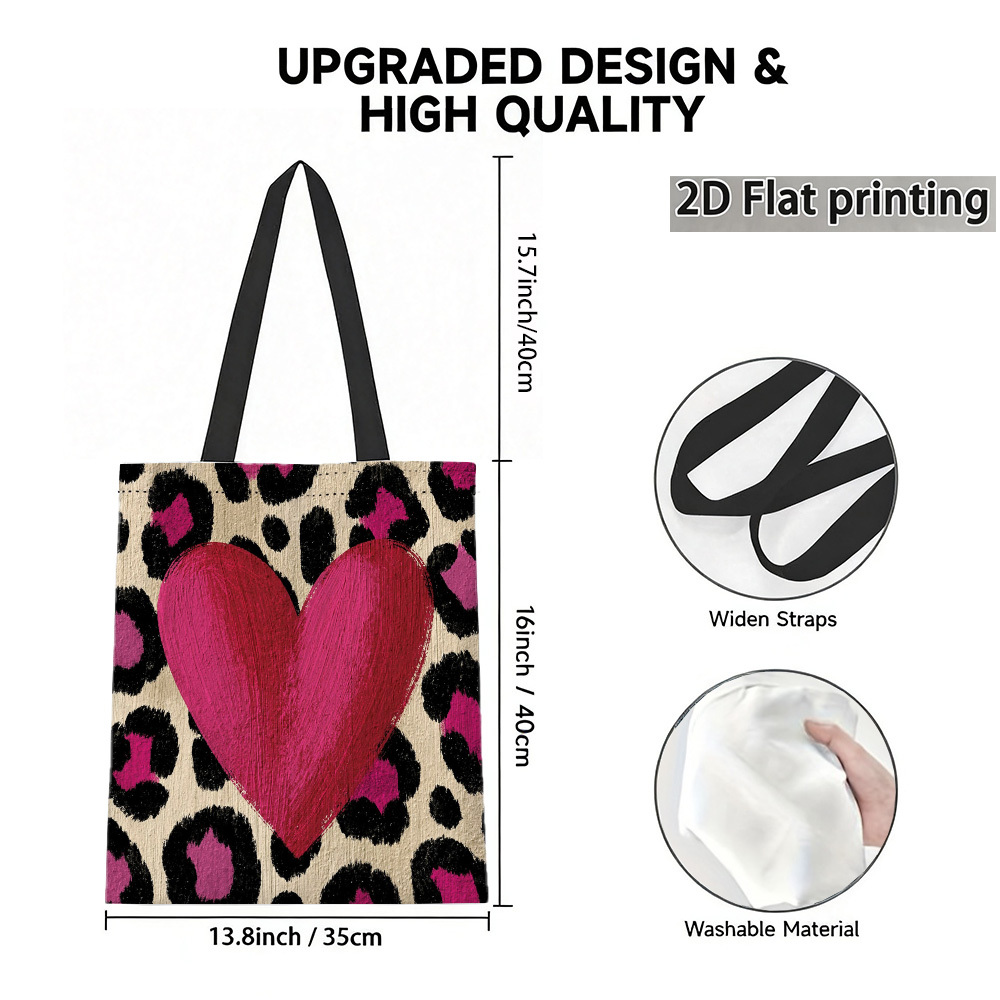 TEMU 2d Heart Leopard Print Themed Design Tote Bag Large Capacity Durable Bag Unisex Tote Bag Perfect Gift For Suitable For Shopping And Daily