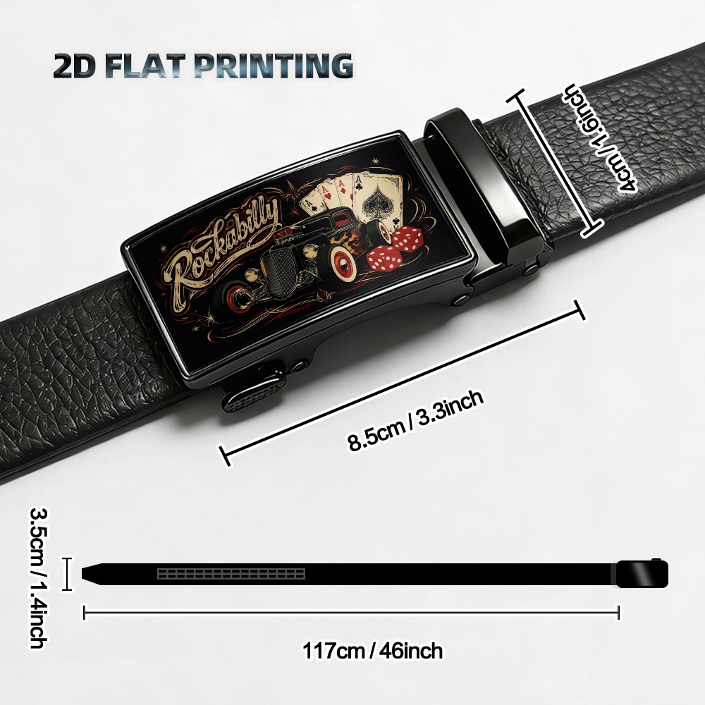 TEMU 1pc Rockabilly Belt With Retro Car & Cards - Sliding Belt Suitable For Dress Trousers, Casual Pants, Birthday Gifts, Father's Day, Mardi Gras,