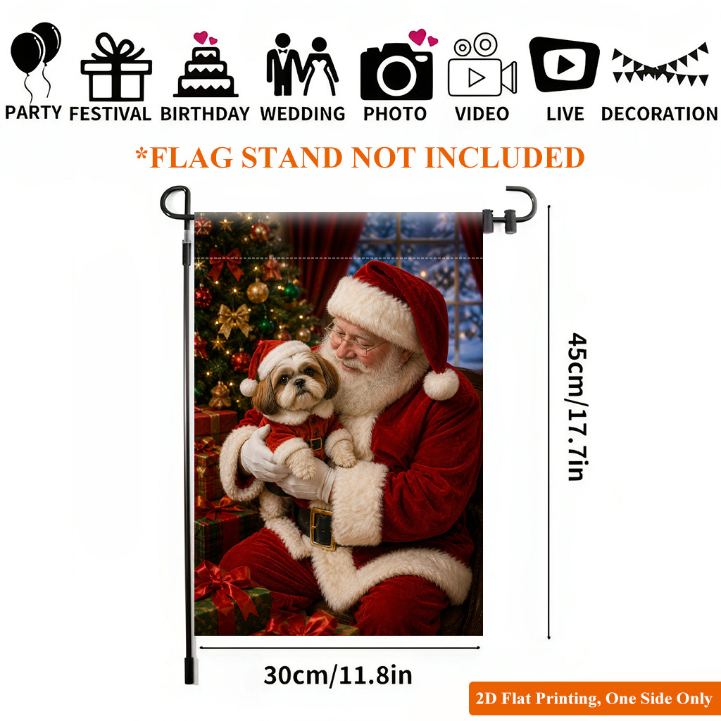 TEMU 2d Flat - 2d Flat Printing Garden Flag 1pc, Santa Holding Pet Puppy Durable Single-sided Print Yard Flag, Garden & Home Holiday Decoration,