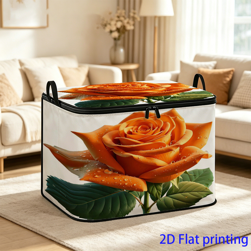 TEMU 1pc, Vibrant Orange Rose Storage Box. Foldable Zippered Flap Design With Reinforced Handle, Suitable For Multi-functional Storage And Home