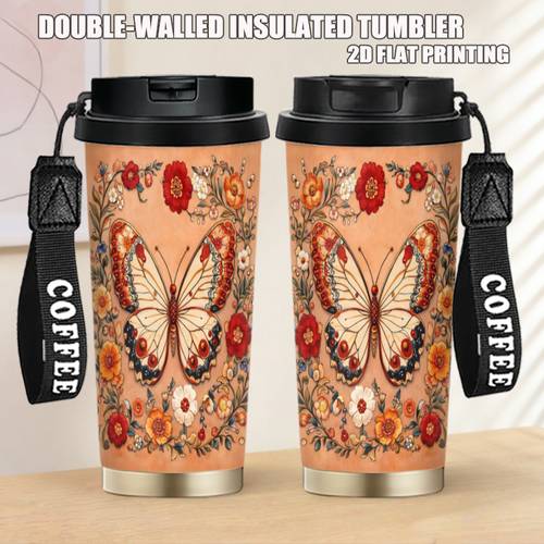 öğe resmi 1 adet 18oz paslanmaz çelik su şişesi güvenli kapaklı - dayanıklı i̇çecek kabı sızdırmaz seyahat bardağı kelebek ve temalı tasarım, ofis, piknik, plaj, kamp, açık hava etkinlikleri, günlük kullanım için i̇deal