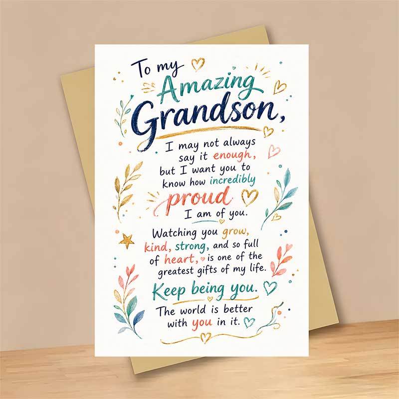 TEMU 1 Greeting Card + 1 Envelope Warm Birthday Greeting Card, Floral Leaves And Hearts Design "to Grandson" Suitable For Family, Birthday Elegant