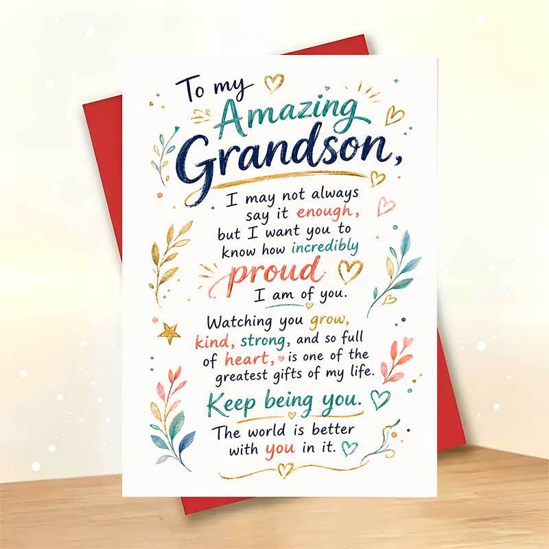 TEMU 1 Greeting Card + 1 Envelope Warm Birthday Greeting Card, Floral Leaves And Hearts Design "to Grandson" Suitable For Family, Birthday Elegant