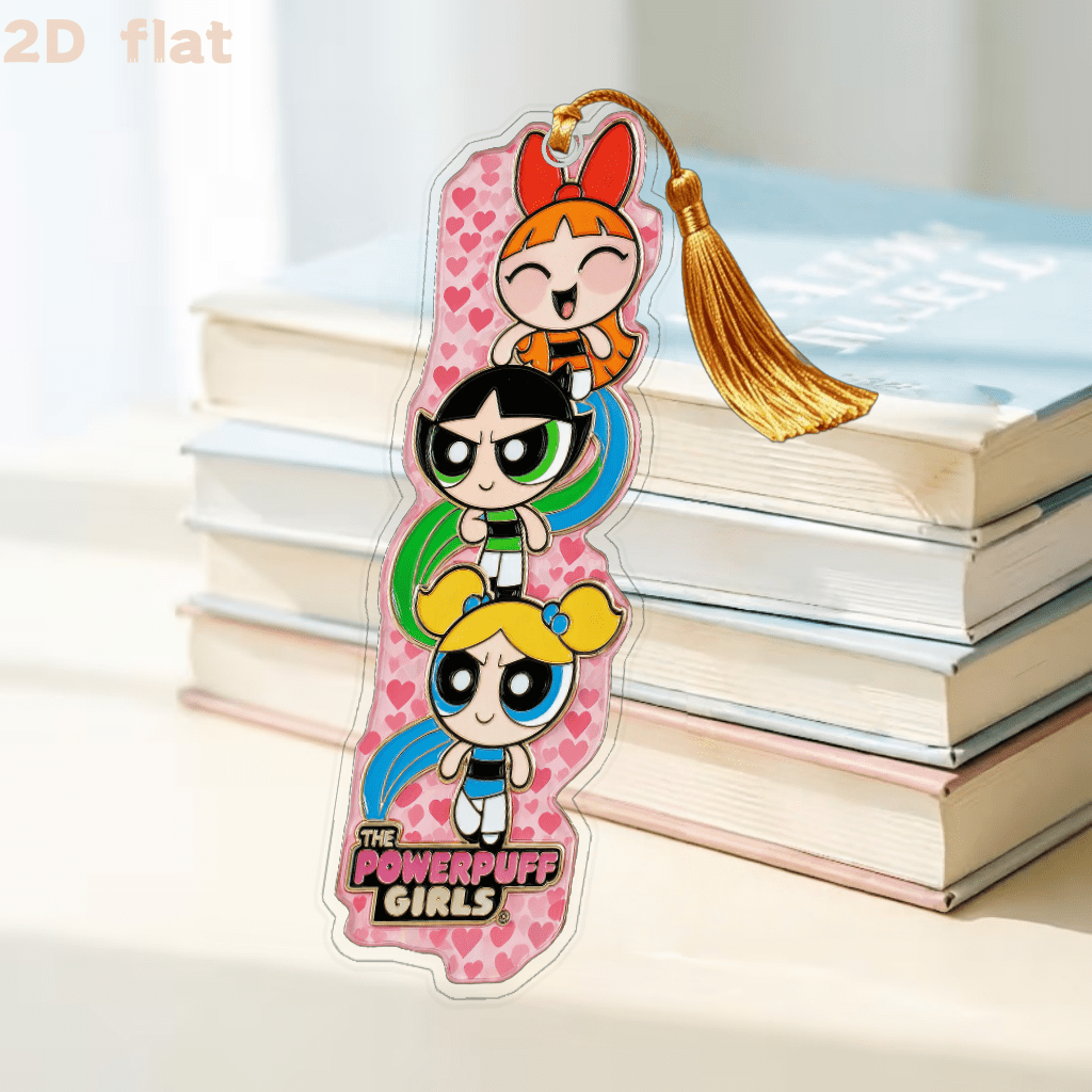 TEMU 1pc Official 2026 New 2d Flat Acrylic Bookmark, Tassel Color Random, Cute Cartoon The Powerpuff Girls Trio With Pink Heart Background. Fun