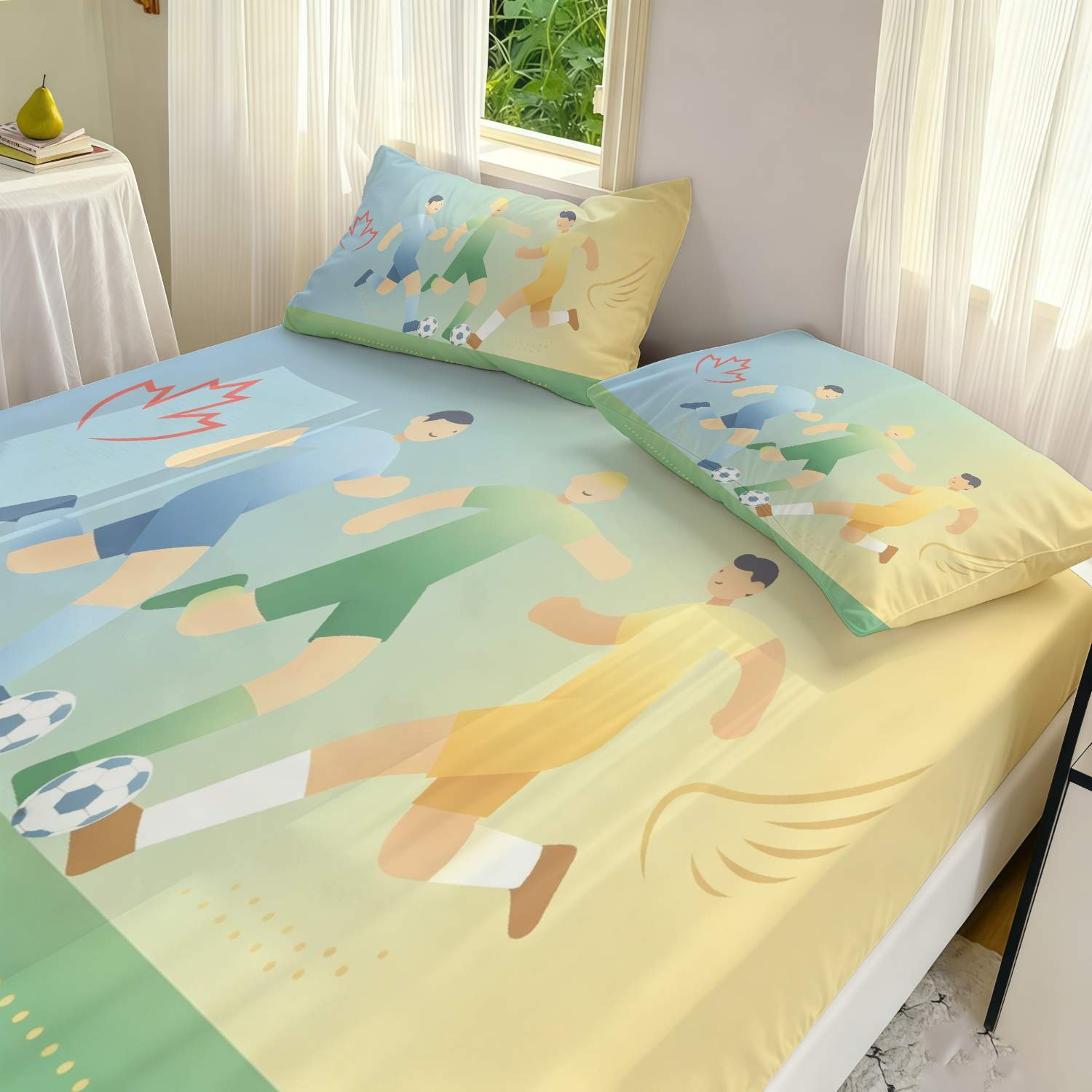3pcs football sports character maple leaf slogan fitted sheet bedding 1 fitted sheet 2 pillowcases pillow inserts not included high quality printing suitable for double full and queen size beds soft and comfortable bedding