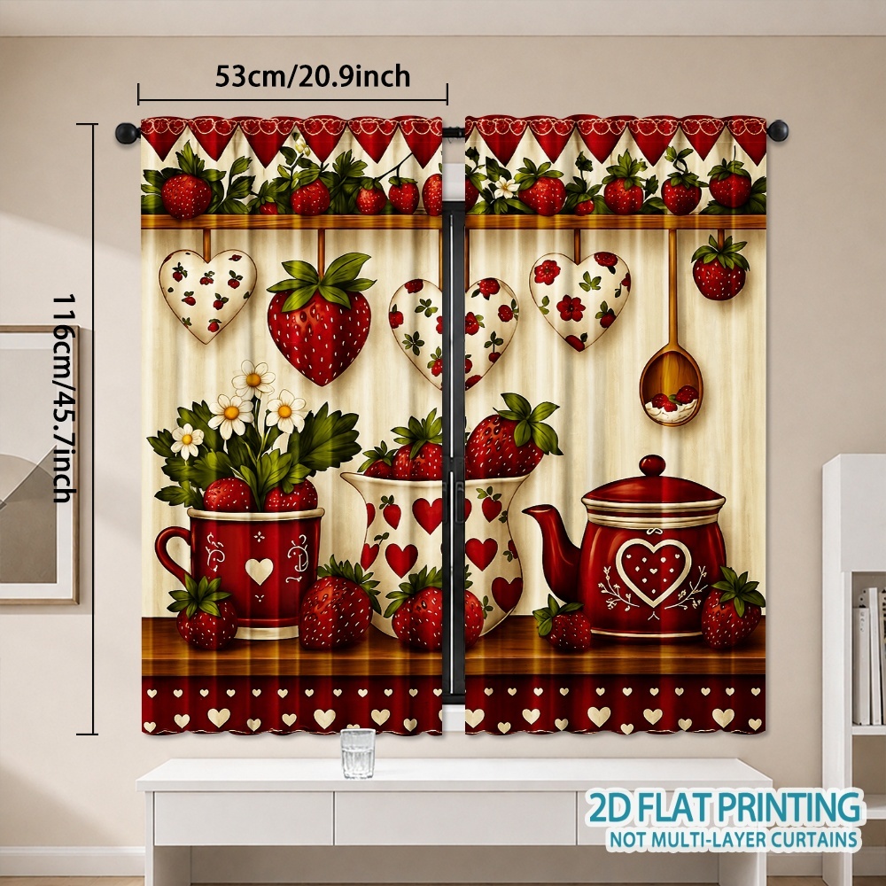 TEMU 2d Flat, 2d Flat 2pcs Red Hearts And Strawberries Arrangement Curtain Drapes Semi Blackout Rod Pocket Durable Polyester Ideal For Balcony Study