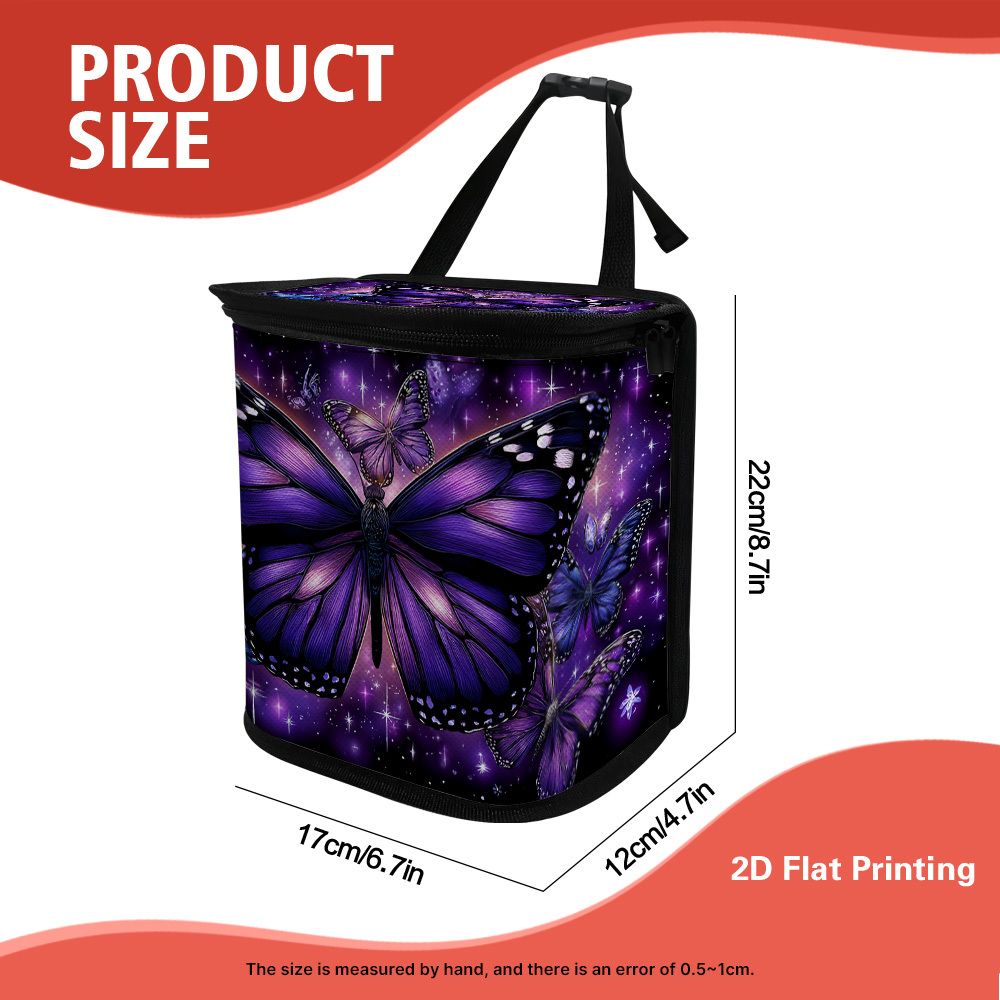 TEMU 1pc In Purple Glow Pattern Zipper Covered Car Garbage Bag With Lid, Durable Polyester Material, Reusable, For Kitchens, Bathrooms, And Bedrooms,