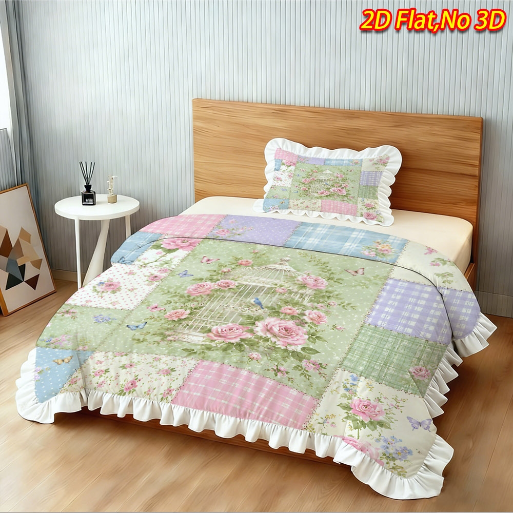 TEMU 2/3pcs 2d Flat Printing Style Rose Birdcage Theme Ruffle Design Duvet Cover Set, , Skin-friendly And Soft, Machine Washable, Suitable For